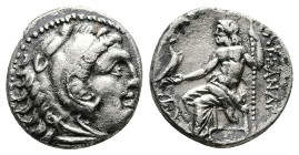 Kings of Macedon, Alexander III 'the Great'. AR Drachm, 3.98 g 16.20 mm. 336-323 BC. Mylasa?
Obv: Head of Herakles right, wearing lion skin.
Rev: AΛΕΞ...