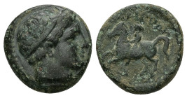 Kings of Macedon, Philip II. Ae. 6.38 g 18.16 mm. 359-336 BC. 
Obv: Diademed head of Apollo right.
Rev: ΦΙΛΙΠΠΟΥ, Naked youth on horse left
Ref: Sear ...