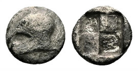Asia Minor, Uncertain mint. AR Hemiobol, 0.48 g 7.41 mm. Circa 600-550 BC. 
Obv: Helmet to left 
Rev: Quadripartite incuse square. 
Ref: SNG Kayhan 74...