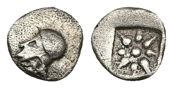 Asia Minor, Uncertain. AR Hemiobol, 0.43 g 8.47 mm. Circa 440-390 BC.
Obv: Helme...