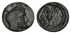 Bithynia, Kios. Ae, 1.12 g 12.00 mm. Circa 300 BC. 
Obv: Head of Mithras right, wearing a laureate tiara 
Rev: KI, kantharos with two grape vines; all...
