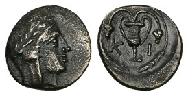 Bithynia, Kios. Ae, 1.31 g 11.91 mm. Circa 300 BC. 
Obv: Head of Mithras right, wearing a laureate tiara 
Rev: KI, kantharos with two grape vines; all...