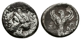 Paphlagonia, Sinope. AR Hemidrachm, 2.78 g 14.84 mm. 4th-3rd century BC.
Obv: Head of nymph left, with hair in sakkos.
Rev: ΣΙ - ΝΩ. Eagle facing, hea...