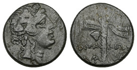 Pontos, Komana. Ae,3.67 g 17.14 mm, Circa 85-65 BC.
Obv: Head of Dionysios right, wearing mitra and ivy wreath.
Rev: KOMA - NΩN. Filleted thyrsos; t...