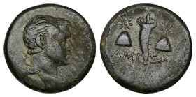 Pontos, Amisos. Ae. 4.32 g 18.43 mm. Struck under Mithradates VI. Circa 120-111 or 110-100 BC.
Obv: Draped and winged bust of Perseus right.
Rev: AMI ...