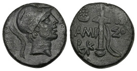 Pontos, Amisos. Ae, 8.59 g 19.41 mm. Time of Mithradates VI, Circa 111-105 or 95-90 BC. 
Obv: Ares right, wearing helmet.
Rev: ΑΜΙ-ΣΟΥ, Sword in sheat...