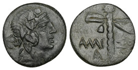 Pontos, Amisos. Ae, 3.39 g 17.67 mm. Circa 85-65 BC. 
Obv: Head of Dionysos right, wearing ivy wreath 
Rev: AMIΣΟΥ, filleted thyrsos, monogram to left...
