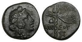 Pontos, Amisos. Ae, 4.12 g 16.69 mm. Circa 85-65 BC. 
Obv: Head of Dionysos right, wearing ivy wreath 
Rev: AMIΣΟΥ, filleted thyrsos, monogram to righ...