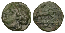 Troas, Alexandreia. Ae, 3.46 g 15.74 mm. 3rd century BC.
Obv: Laureate head of Apollo left.
Rev: AΛEΞ, Horse grazing left; thunderbolt in exergue.
Ref...