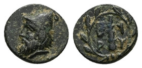 Troas, Birytis. AE, 1.38 g 11.97 mm. Circa 350-300 BC.
Obv: Bearded head of Kabeiros left, wearing pilos.
Rev: B-I / P-Y, Club within wreath.
Ref: Kle...