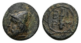 Troas, Birytis. AE, 1.23 g 11.38 mm. Circa 350-300 BC.
Obv: Bearded head of Kabeiros left, wearing pilos.
Rev: B-I / P-Y, Club within wreath.
Ref: Kle...