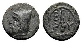 Troas, Birytis. AE, 1.23 g 11.27 mm. Circa 350-300 BC.
Obv: Bearded head of Kabeiros left, wearing pilos.
Rev: B-I / P-Y, Club within wreath.
Ref: Kle...