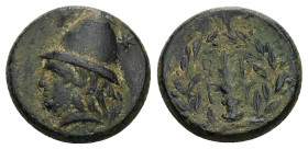 Troas, Birytis. Ae, 6.26 g 17.57 mm. 4th-3rd centuries BC.
Obv: Head of Kabeiros left, wearing pilos; star to left and right.
Rev: B I / P Y , in two ...