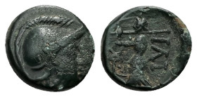 Troas, Ilion.Ae, 1.70 g 12.79 mm. 281-228 BC.
Obv: Head Athena wearing Korinthian helmet right
Rev: Athena Ilias advancing left, holding distaff and [...