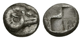 Troas, Kebren. AR Diobol, 1.23 g 3.98 mm. 5th century BC.
Obv: [KEBREN], Head of ram right.
Rev:Quadripartite incuse square.
Ref: SNG Arikantürk 378-8...
