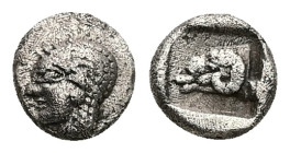 Troas, Kebren. AR Hemiobol or Obol, 0.57 g 7.64 mm. 5th century BC.
Obv: Archaic head (Apollo?) left.
Rev: Head of ram left within incuse square.
Ref:...