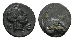 Troas, Kebren. Ae. 0.85 g 9.98 mm. Circa 400-387 BC. 
Obv: K E, Head of female right
Rev: Head of ram right.
Ref: SNG Ashmolean 1108–10; SNG von Auloc...