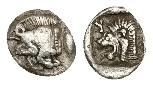 Mysia, Kyzikos. AR Hemiobol, 0.33 g 8.21 mm. Circa 525-475 BC.
Obv: Forepart of ...