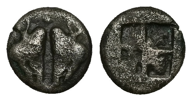 Lesbos, Uncertain. Billon Diobol, 1.15 g 9.54 mm. Circa 500-450 BC.
Obv: [A], Co...