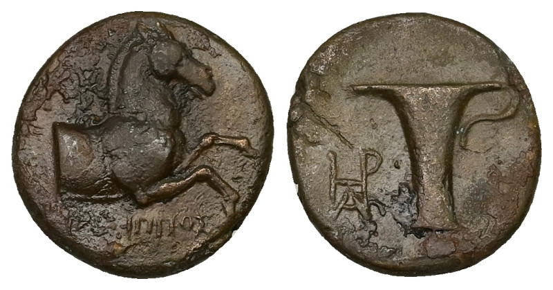 Aeolis. Kyme. Ae, 3.48 g 16.51 mm. Circa 350-250 BC.
Obv.: Forepart of horse rig...