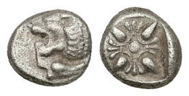 Ionia, Miletos. AR Obol or Hemihekte, 1.14 g 9.10 mm. Late 6th-early 5th centuries BC.
Obv: Forepart of lion right, head left.
Rev: Stellate floral de...
