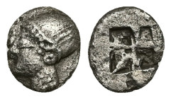 Ionia, Phokaia. AR Obol, 0.68 g 9.63 mm. Circa 521-478 BC.
Obv: Archaic female head left, wearing earring and helmet or close fitting cap.
Rev: Quadri...