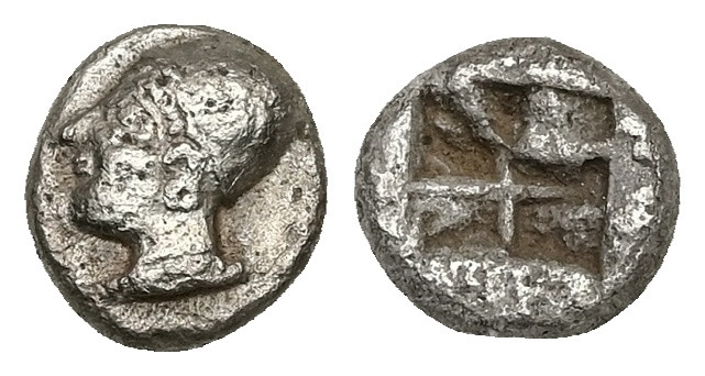 Ionia, Phokaia. AR Diobol, 0.96 g 9.57 mm. Circa 521-478 BC.
Obv: Archaic female...