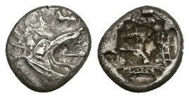 Caria, Kindya. AR Tetrobol, 1.74 g 11.89 mm. Circa 510-480 BC.
Obv: Head of ketos right.
Rev: Geometric pattern within incuse square.
Ref: SNG Kayhan ...