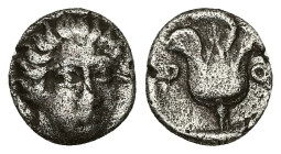 Caria, Rhodos. AR Hemidrachm, 1.71 g 11.96 mm. Circa 408/7-390 BC.
Obv: Head of Helios facing, turned slightly to the right.
Rev: P-O, Rose within an ...