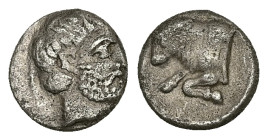 Caria, Uncertain ('Mint E'). AR Diobol, 1.11 g 10.26 mm. Circa 380-340 BC. 
Obv: Head of male right, wearing beard 
Rev: Forepart of bull left; Carian...