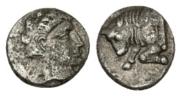 Caria, Uncertain ('Mint E'). AR Diobol, 1.13 g 10.68 mm. Circa 380-340 BC. 
Obv: Head of young male right 
Rev: Forepart of bull left, Carian letter y...