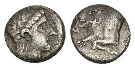 Caria, Uncertain ('Mint E'). AR Diobol, 1.17 g 9.99 mm. Circa 380-340 BC. 
Obv: Head of young male right 
Rev: Forepart of bull left, Carian letter y ...