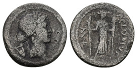P. Clodius M.F. Turrinus, 42 BC. AR, Denarius. 3.17 g. 18.31 mm. Rome.
Obv: Laureate head of Apollo, right.
Rev: P CLODIVS M F. Diana standing facing,...