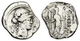 P. Clodius M.F. Turrinus, 42 BC. AR, Denarius. 3.24 g. 18.42 mm. Rome.
Obv: Laureate head of Apollo, right.
Rev: P CLODIVS M F. Diana standing facing,...
