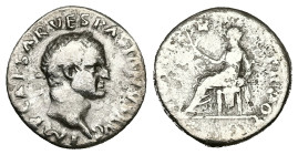 Vespasian, AD 69-79. AR, Denarius. 3.04 g. 17.10 mm. Rome.
Obv: IMP CAESAR VESPASIANVS AVG. Head of Vespasian, laureate, right.
Rev: [COS ITER TR] POT...