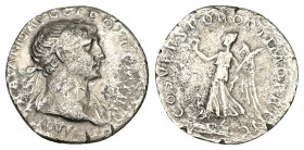 Trajan, AD 98-117. AR, Denarius. 2.36 g. 18.63 mm. Rome.
Obv: IMP TRAIANO AVG GER DAC P M TR P. Head of Trajan, laureate, right.
Rev: COS V P P S P Q ...