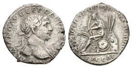 Trajan, AD 98-117. AR, Denarius. 3.00 g. 18.49 mm. Rome.
Obv: IMP TRAIANO AVG GER DAC P M TR P. Bust of Trajan, laureate, slight drapery on left shoul...