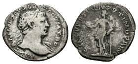 Trajan, AD 98-117. AR, Denarius. 3.00 g. 18.10 mm. Rome.
Obv: IMP TRAIANO AVG GER DAC P M TR P. Bust of Trajan, laureate, right; draped on left should...