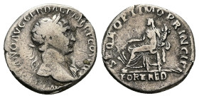 Trajan, AD 98-117. AR, Denarius. 3.06 g. 18.52 mm. Rome.
Obv: IMP TRAIANO AVG GER DAC P M TR P COS VI P P. Bust of Trajan, laureate, draped on left sh...