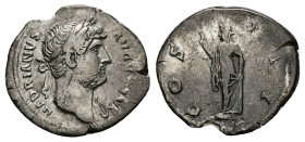 Hadrian, AD 117-138. AR, Denarius. 2.55 g. 20.15 mm. Rome.
Obv: HADRIANVS AVGVSTVS. Head of Hadrian, laureate, right.
Rev: COS III. Spes advancing lef...