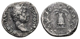 Hadrian, AD 117-138. AR, Denarius. 2.91 g. 18.11 mm. Rome.
Obv: HADRIANVS AVG COS III P P. Head of Hadrian, laureate, right.
Rev: ANNONA AVG: Modius w...