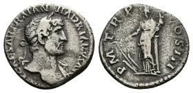 Hadrian, AD 117-138. AR, Denarius. 3.04 g. 17.78 mm. Rome.
Obv: IMP CAESAR TRAIAN HADRIANVS AVG. Bust of Hadrian, laureate, right; drapery on left sho...