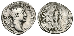 Hadrian, AD 117-138. AR, Denarius. 3.09 g. 19.21 mm. Rome.
Obv: IMP CAESAR TRAIAN HADRIANVS AVG. Head of Hadrian, laureate, right.
Rev: P M TR P COS I...