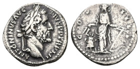 Antoninus Pius, AD 138-161. AR, Denarius. 3.00 g. 18.51 mm. Rome.
Obv: ANTONINVS AVG PIVS P P TR P XII. Head of Antoninus Pius, laureate, right.
Rev: ...