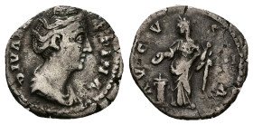 Diva Faustina, AD 140/1 Died. AR, Denarius. 2.37 g. 17.83 mm. Rome.
Obv: DIVA FAVSTINA. Bust of Faustina I, draped, right, hair elaborately waved in s...