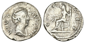 Diva Faustina I, AD 140-141. AR, Denarius. 3.14 g. 18.28 mm. Rome.
Obv: DIVA FAVSTINA. Bust of Faustina I, draped, right, hair elaborately waved in se...