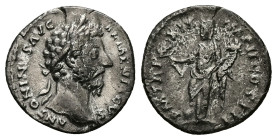 Marcus Aurelius AD 161-180. AR, Denarius. 2.56 g. 17.13 mm. Rome.
Obv: ANTONINVS AVG ARMENIACVS. Head of Marcus Aurelius, laureate, right.
Rev: P M TR...