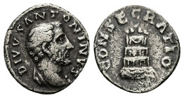 Divus Antoninus Pius, AD 161 Died. AR, Denarius. 2.72 g. 17.60 mm. Rome.
Obv: DIVVS ANTONINVS. Head of Antoninus Pius, bare, drapery on left shoulder,...