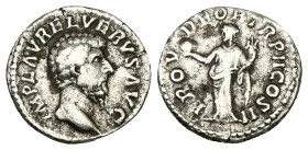 Lucius Verus, AD 161-169. AR, Denarius. 2.81 g. 17.88 mm. Rome.
Obv: IMP L AVREL VERVS AVG. Head of Lucius Verus, bare, right.
Rev: PROV DEOR TR P II ...