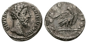 Divus Marcus Aurelius, AD 180 died. AR, Denarius. 2.81 g. 17.60 mm. Rome.
Obv: DIVVS M ANTONINVS PIVS. Head of Divus Marcus Aurelius, bare, right.
Rev...